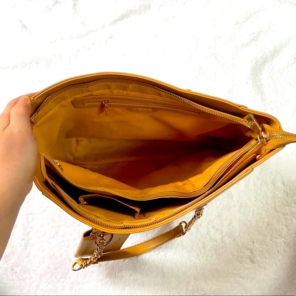 Bebe tan tote with beaded branding and card case